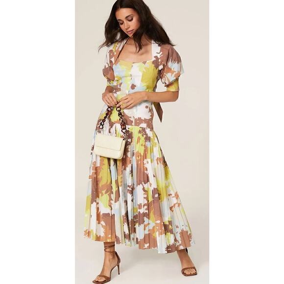 Jonathan Simkhai Iva Dress Floral Pleated Poplin Midi Multicolor Size 4